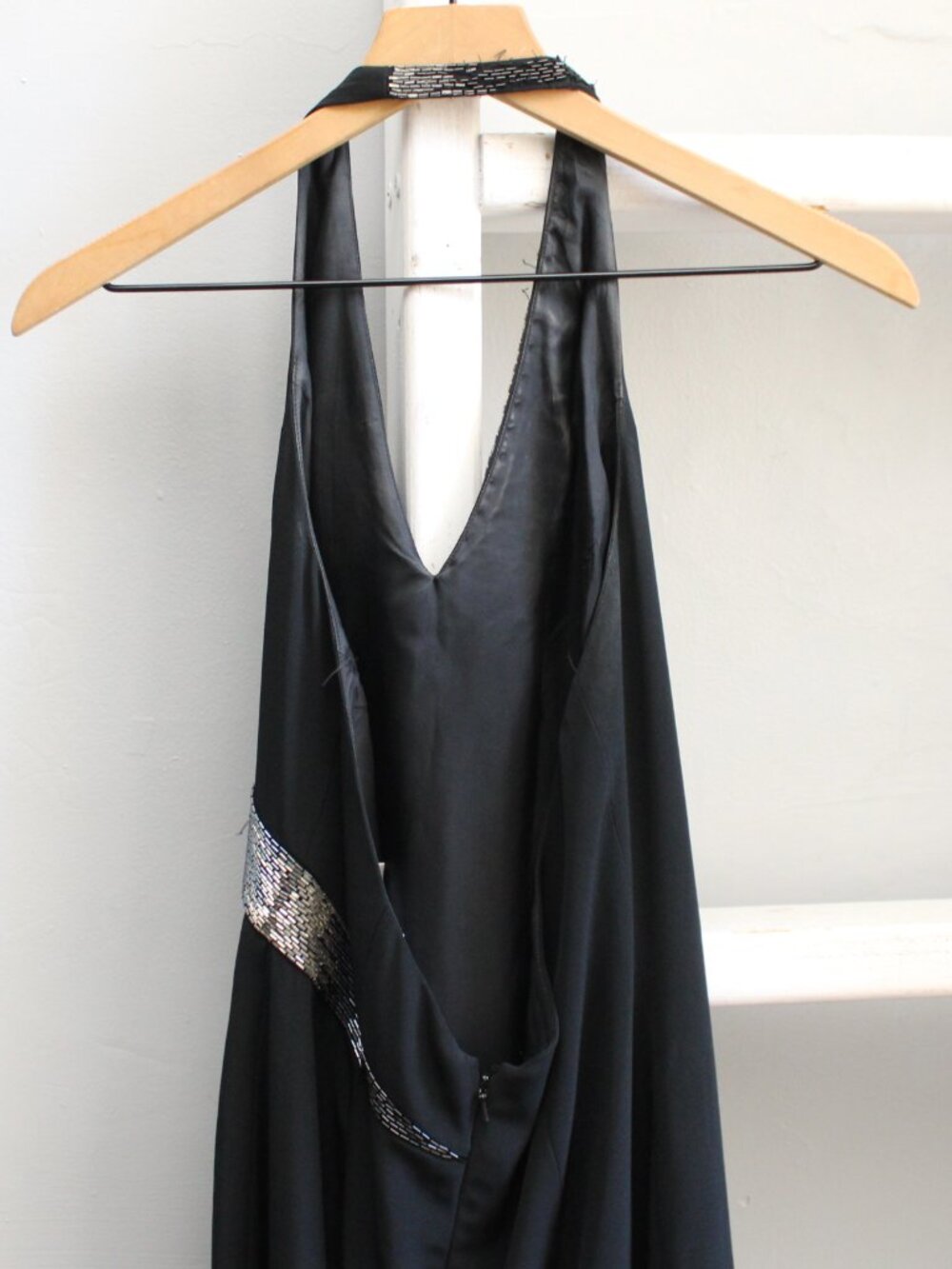 Niteline VTG Y2K Black Silver Beaded Halter Neckline Maxi Formal Dress Size 8 - Picture 6 of 9